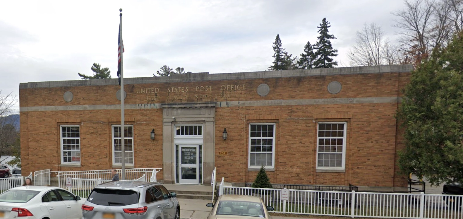 The exterior of the brink Lake Placid Post Office on Main Street