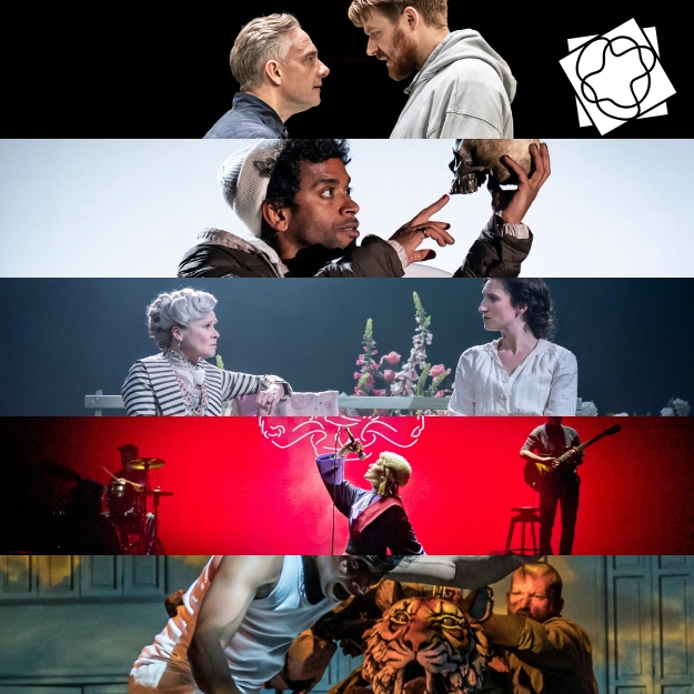 Five horizontal strips of images show clips from stage performances