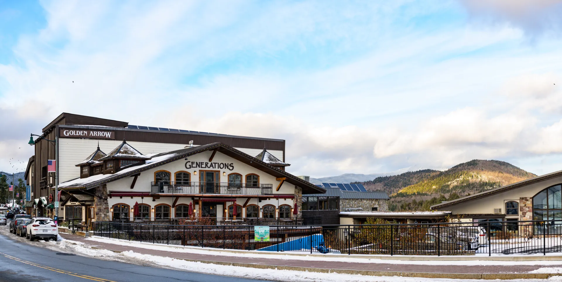 Golden Arrows hotel and Generations restaurant pictured on Main Street in Lake Placid.