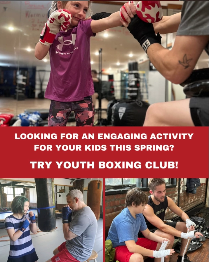 Collage of photos showing children participating in youth boxing.  A girl practices boxing with a coach, another girl practices with a heavy bag, and a boy learns to wrap his hands.  Text overlay promotes youth boxing club.
