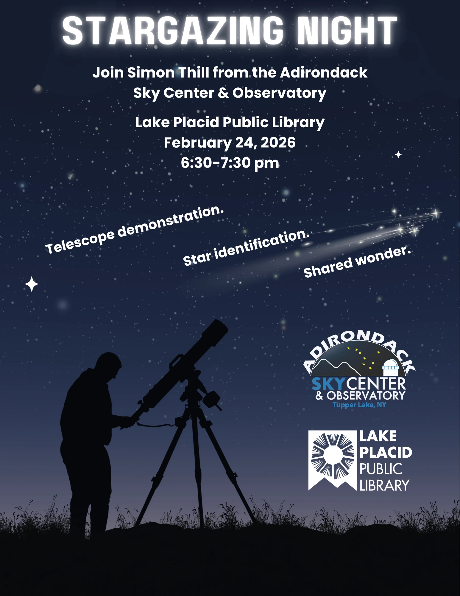 A poster about stargazing featuring a man with a telescope.