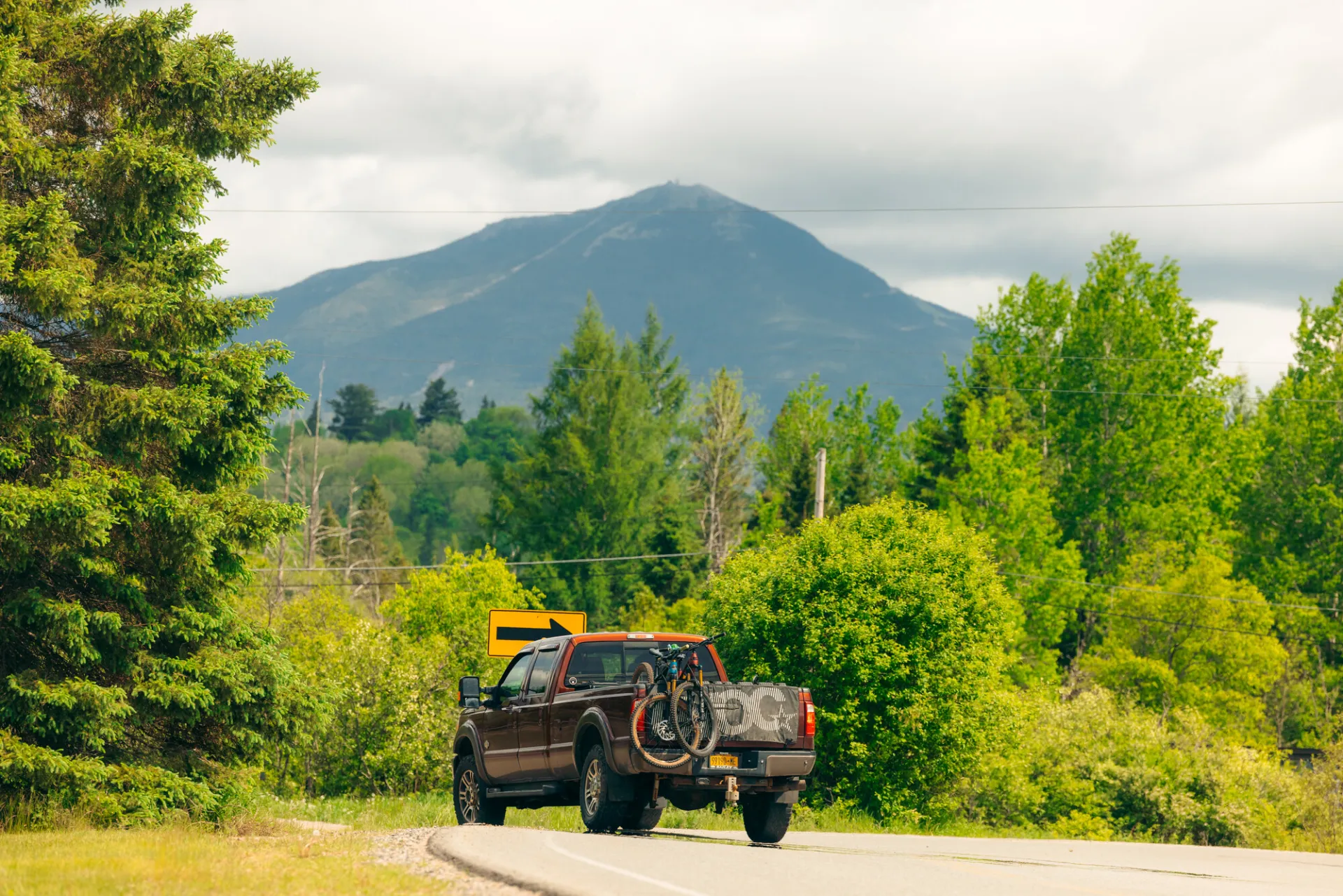 A truck parked on a road during the summer.
