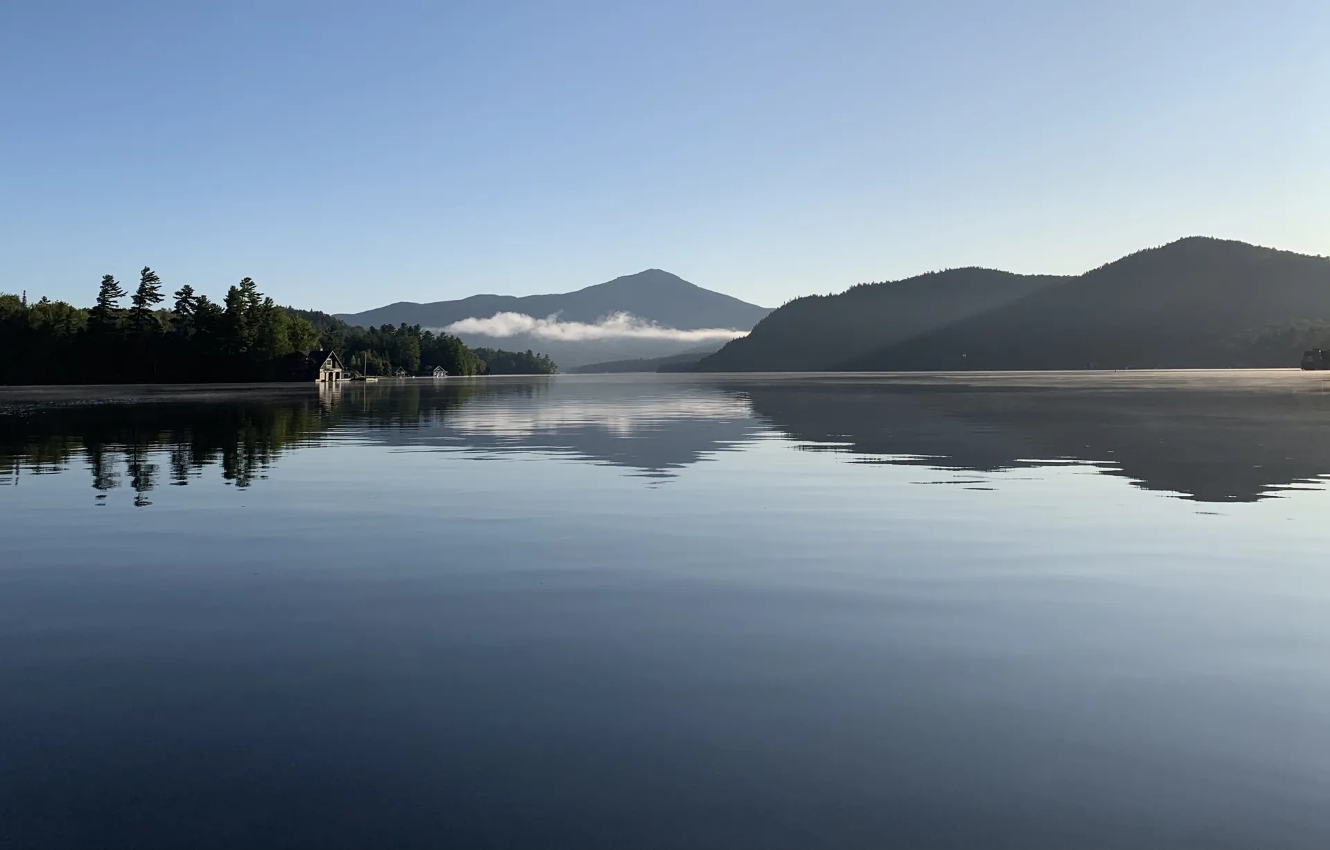 Water like glass reflects the mountains.