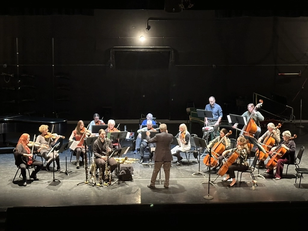 Community String Orchestra of the Adirondacks on stage in front of black curtain playing while being led by a conductor