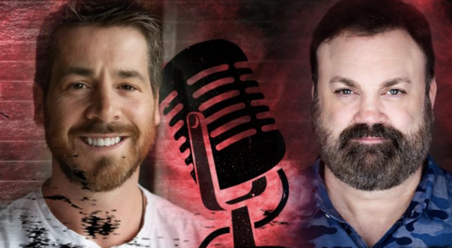 Header image with Mick Thomas and Chris Roach headshots with a black old school microphone graphic in the middle