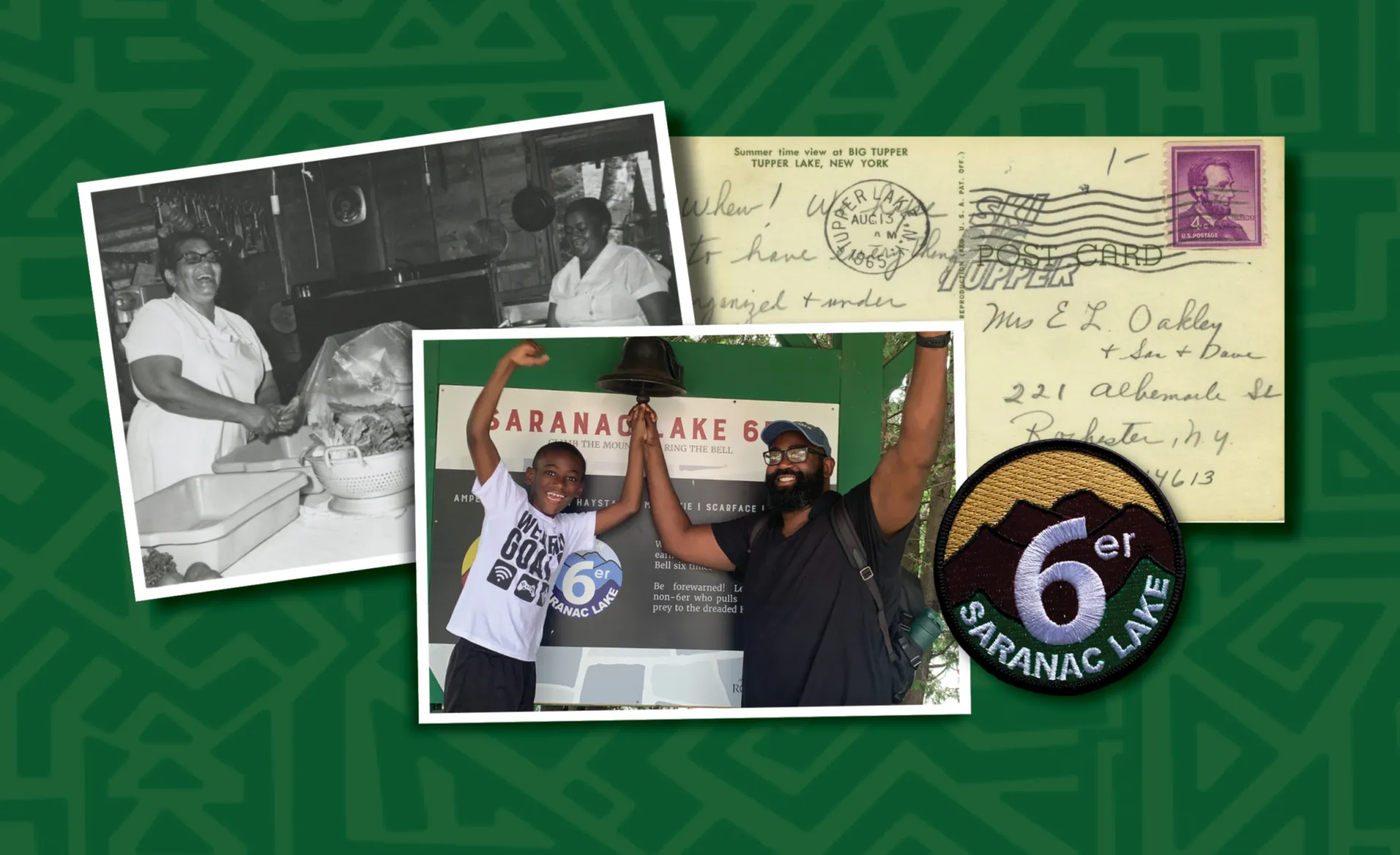 Collage of old and new images, a postcard, and a Saranac 6er patch over a green ADKX-branded background