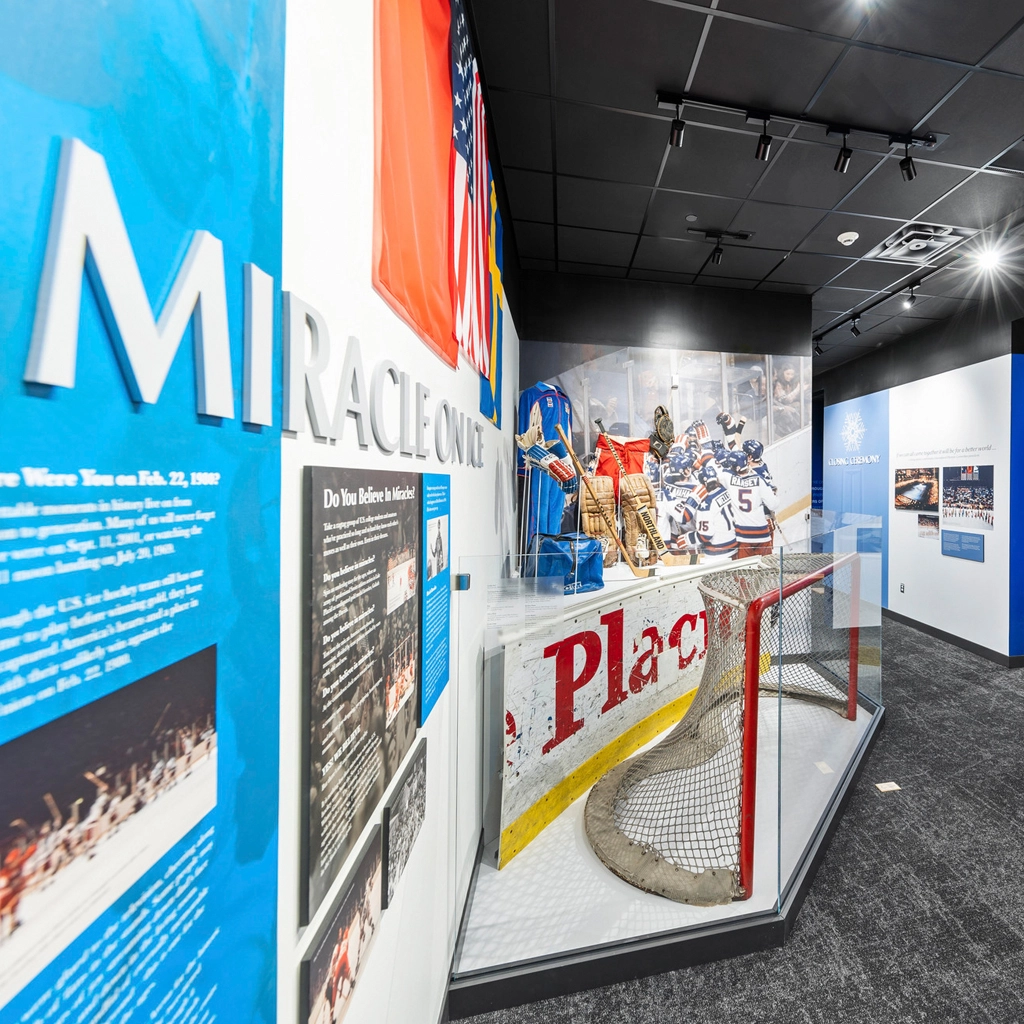 Interior view of Olympic museum including display of hockey net