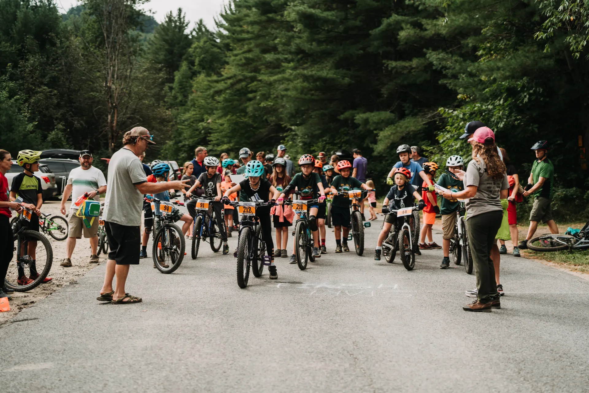 Kids line up for Mountain Bike race on bikes