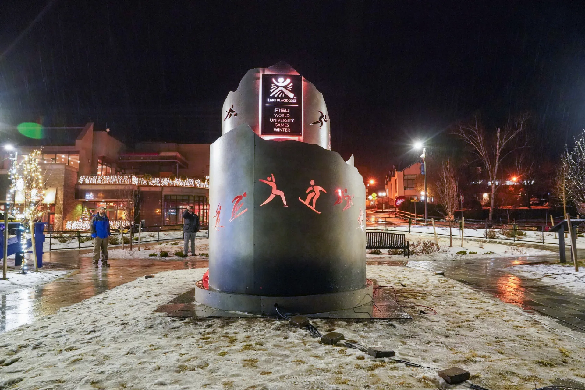 FISU World University Games metal cauldron lit up during winter