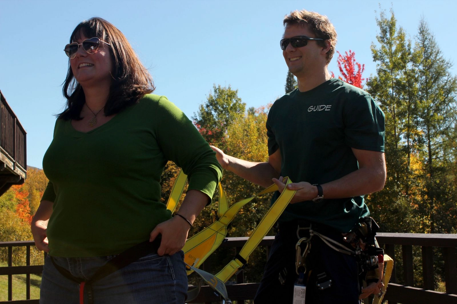 Swamp Donkey helps Jess get harnessed up. It's all downhill from here,