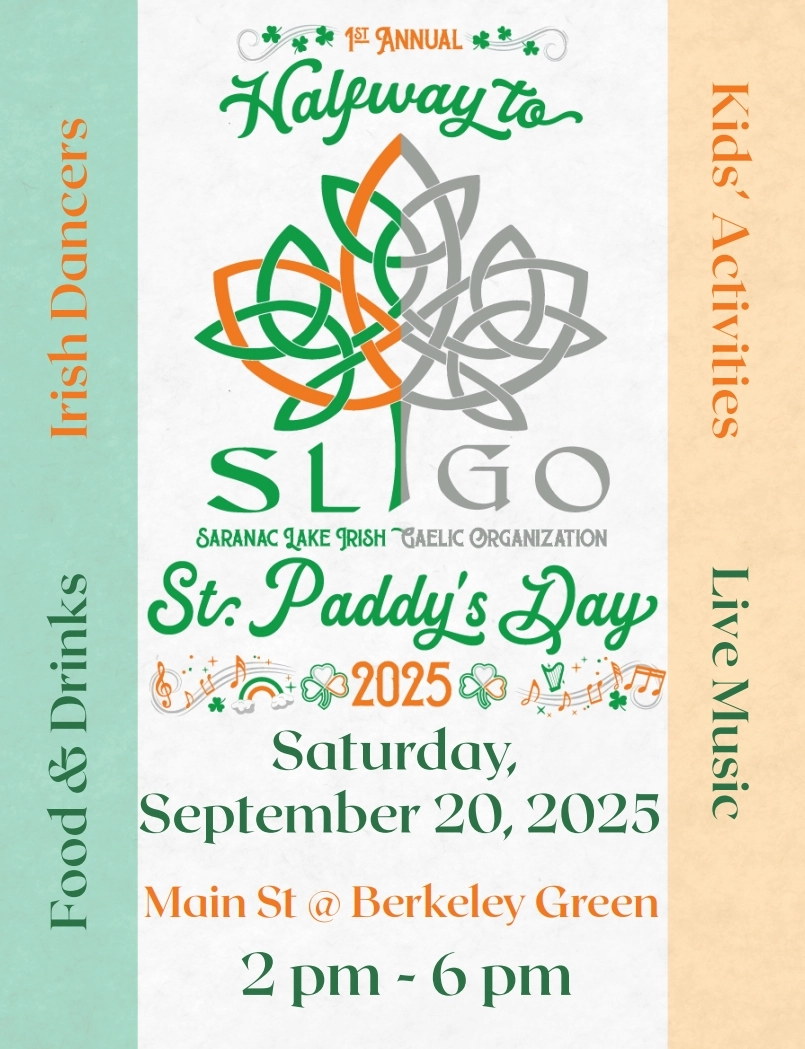gaelic symbol poster with event details. St. Patrick's Day green and gold colors 