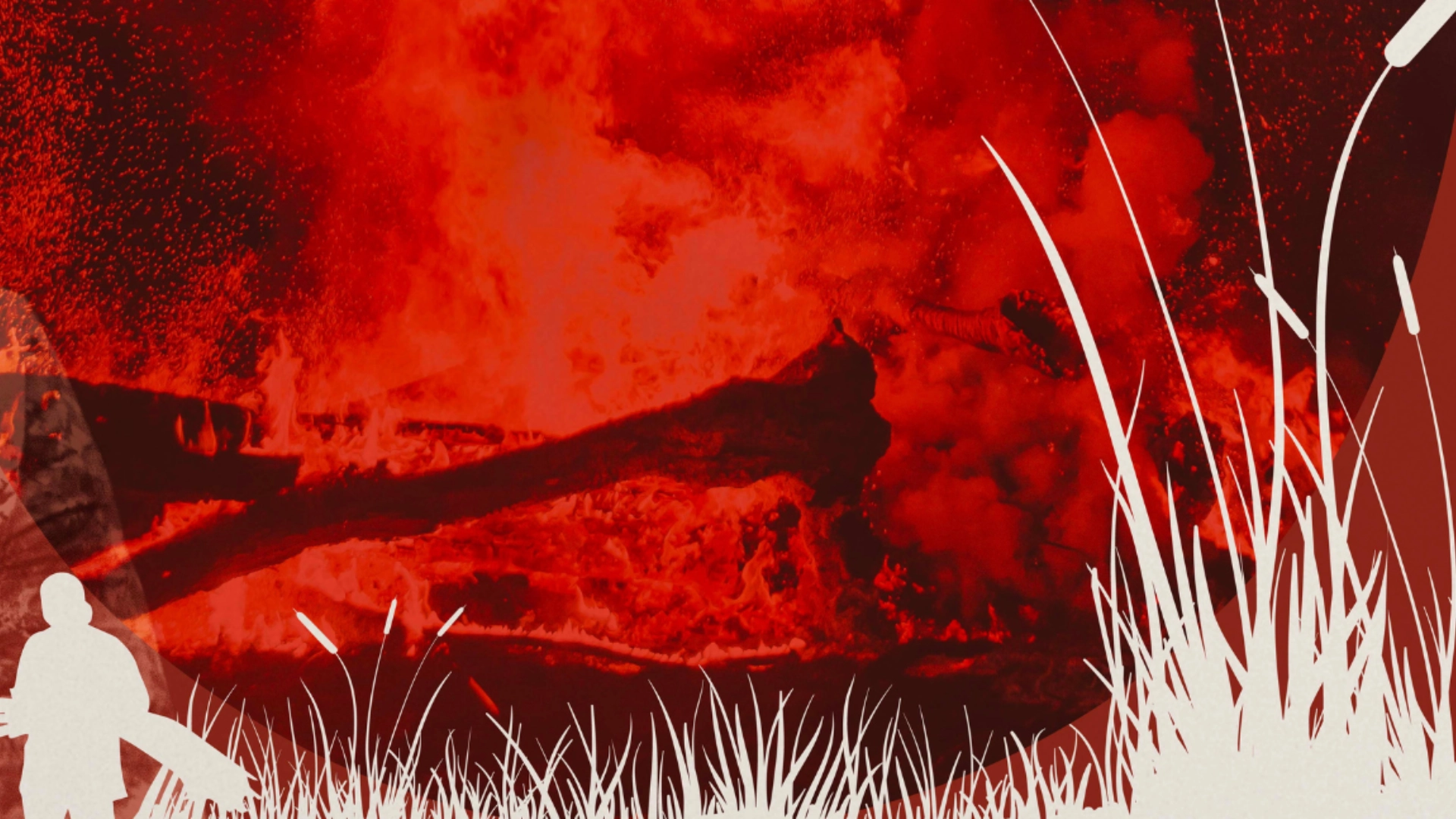 Promo image for Katsitsionni Fox Film with burning red wood overlayed by white grass, cattails, and person's silhouette