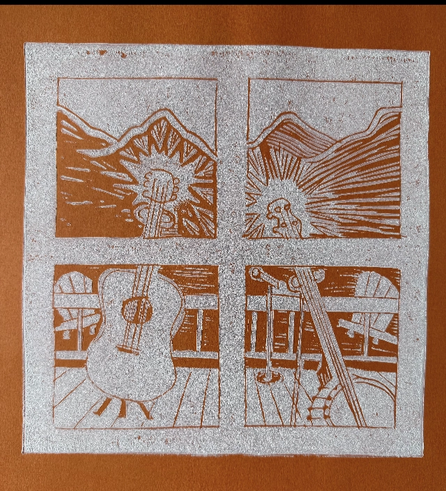 Linocut print depicting a four-panel scene of a guitar on a porch with a mountainous landscape in the background.