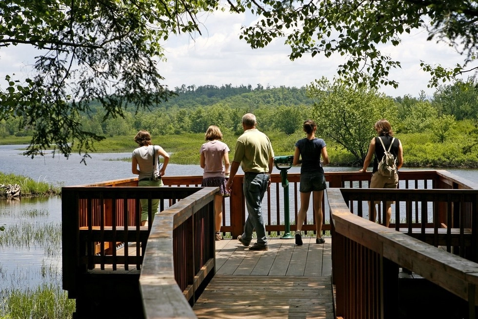 A family gazes out at the water from a large waterside structure