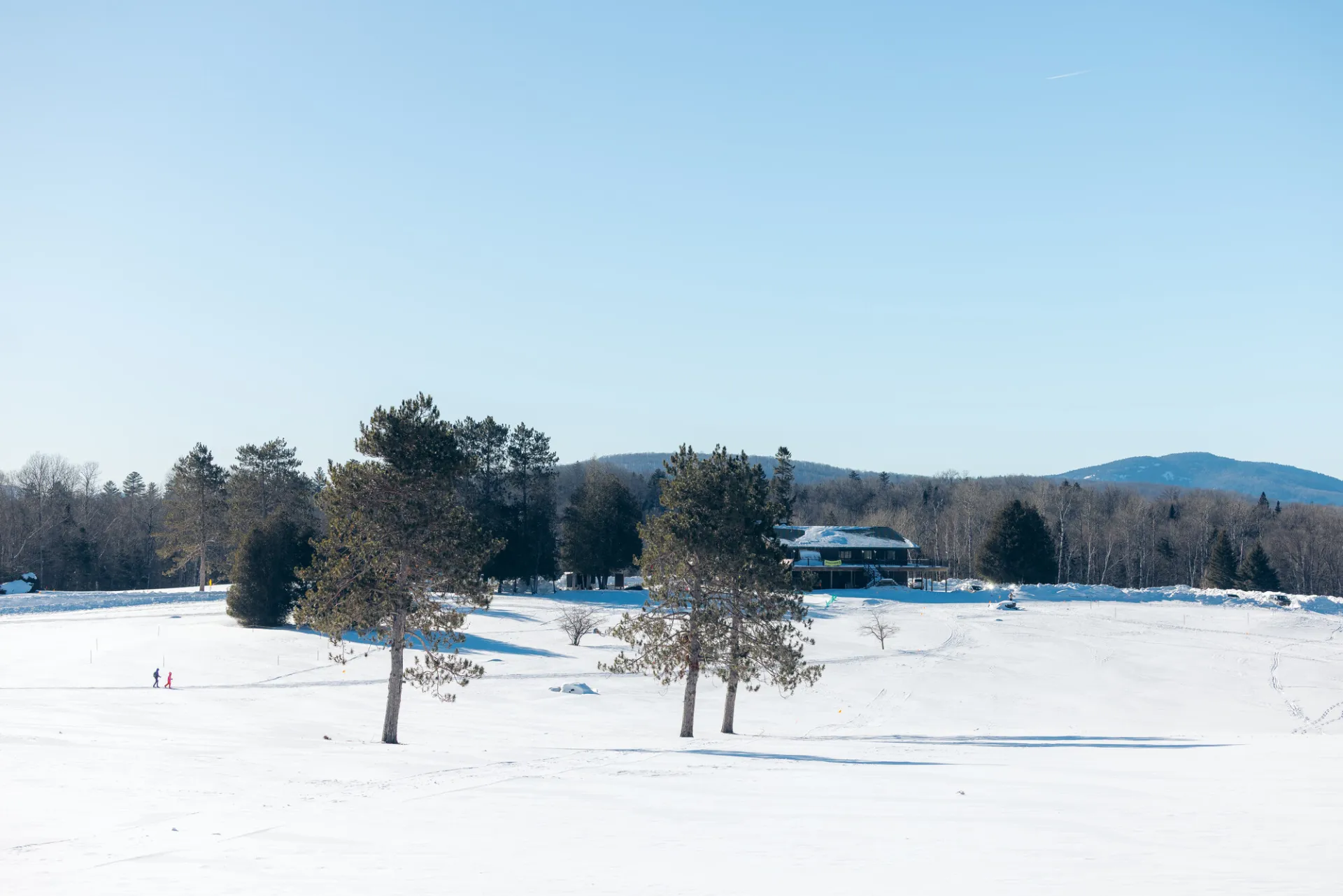 A snow-covered field under a blue sky features a lodge nestled against a dense tree line in the distance.