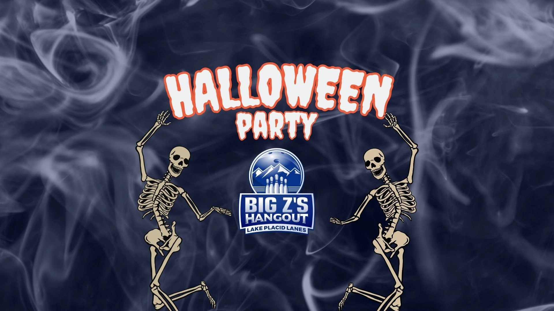 Graphic for Big Z's Halloween Party with black and smoke background, Big Z's Logo, Halloween Party written in stylized text, and two skeletons dancing