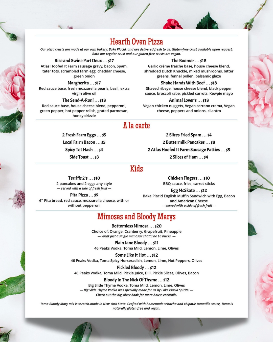 Menu for Hearth Oven Pizza, including a la carte items, kids' meals, and mimosas and Bloody Marys.  Prices are listed.
