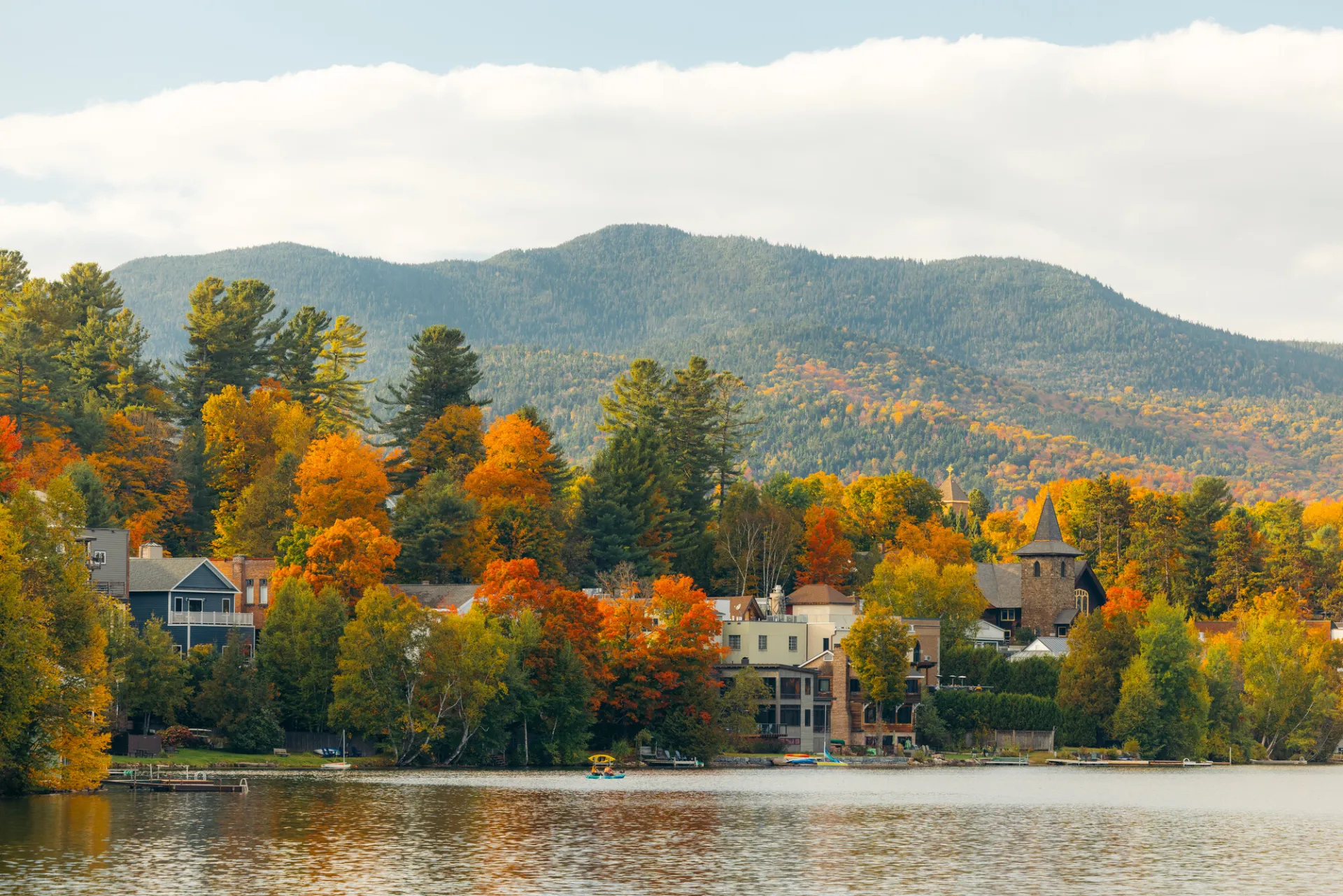 A scenic view of Mirror Lake in the fall.