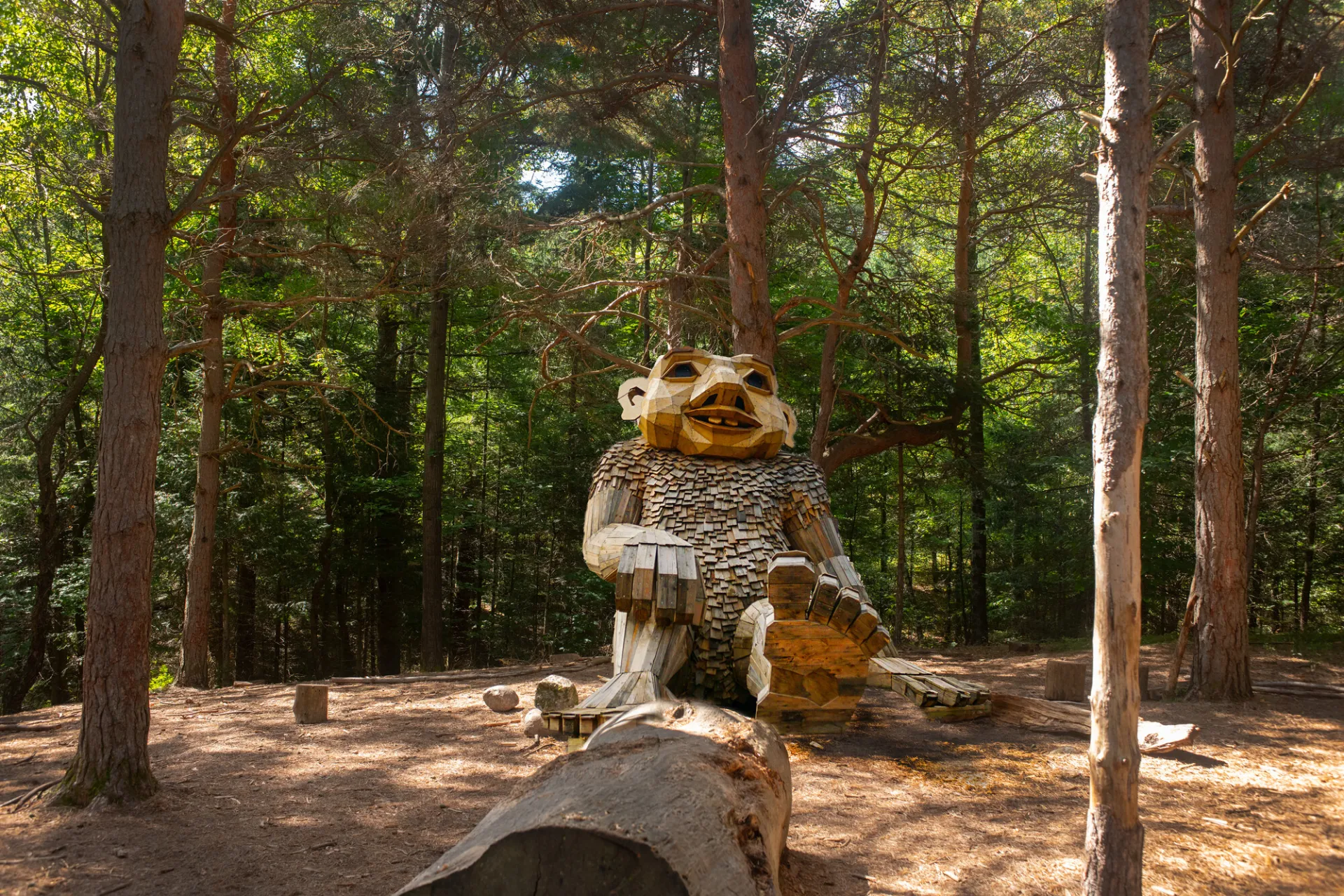 A giant wooden troll statue sits in the woods.