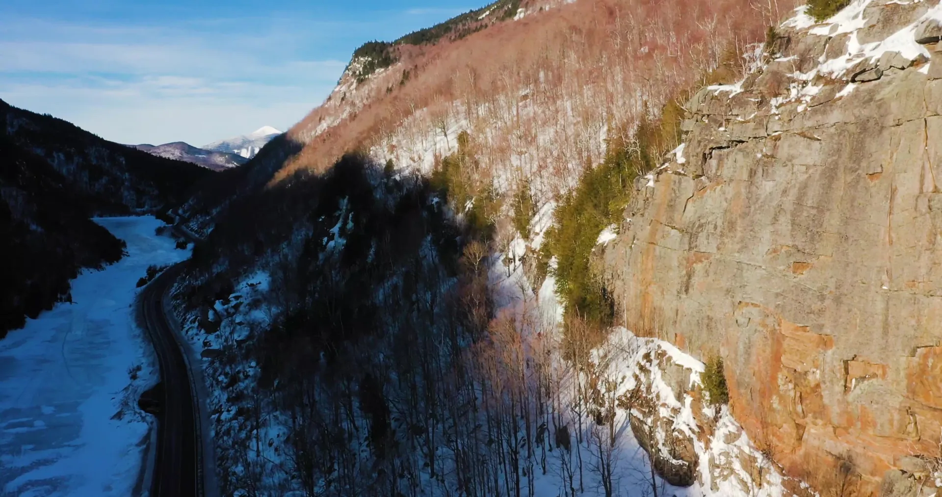 An aerial shot of Cascade Pass in winter