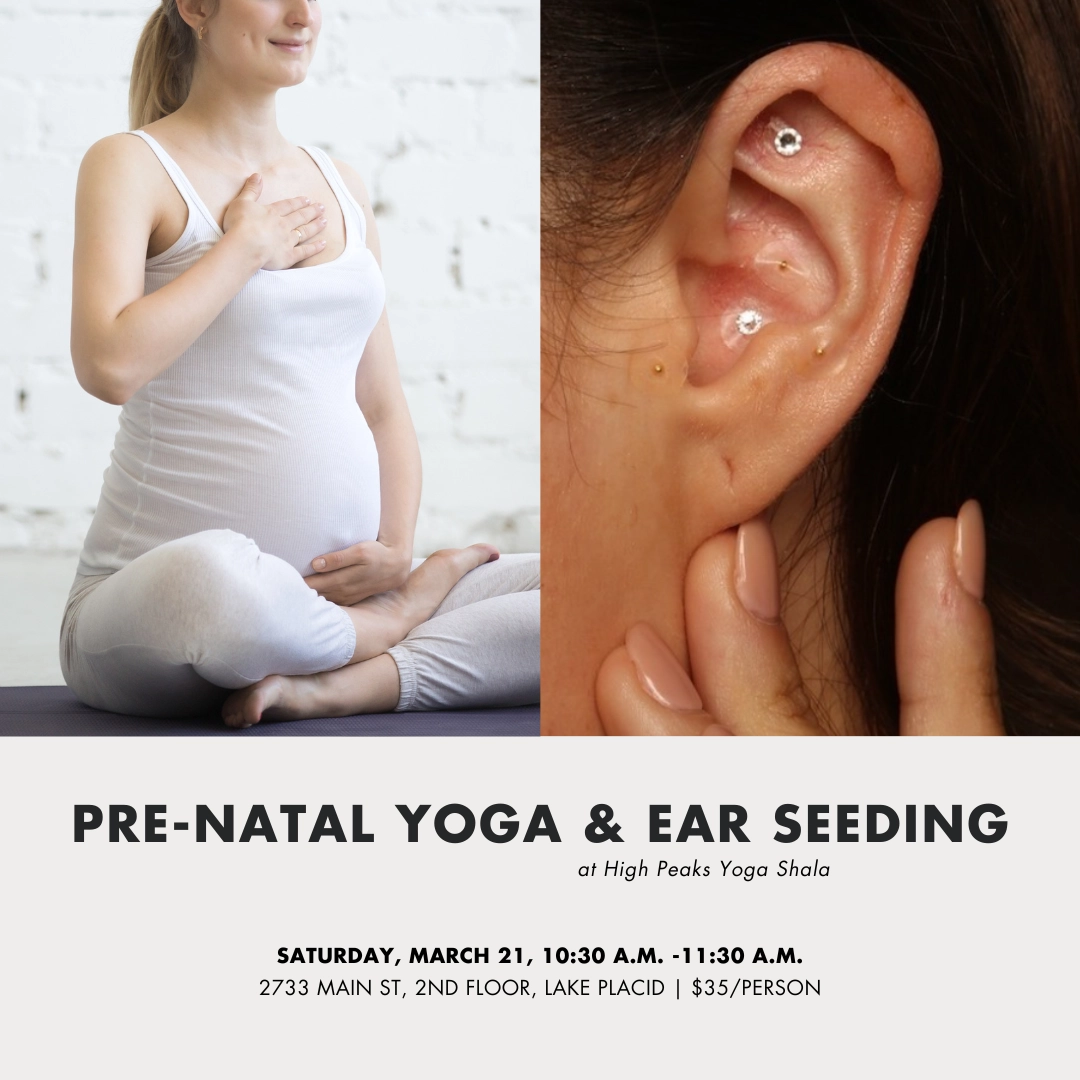 Event graphic with time and location details, a pregnant woman sitting on a yoga mat, and an ear