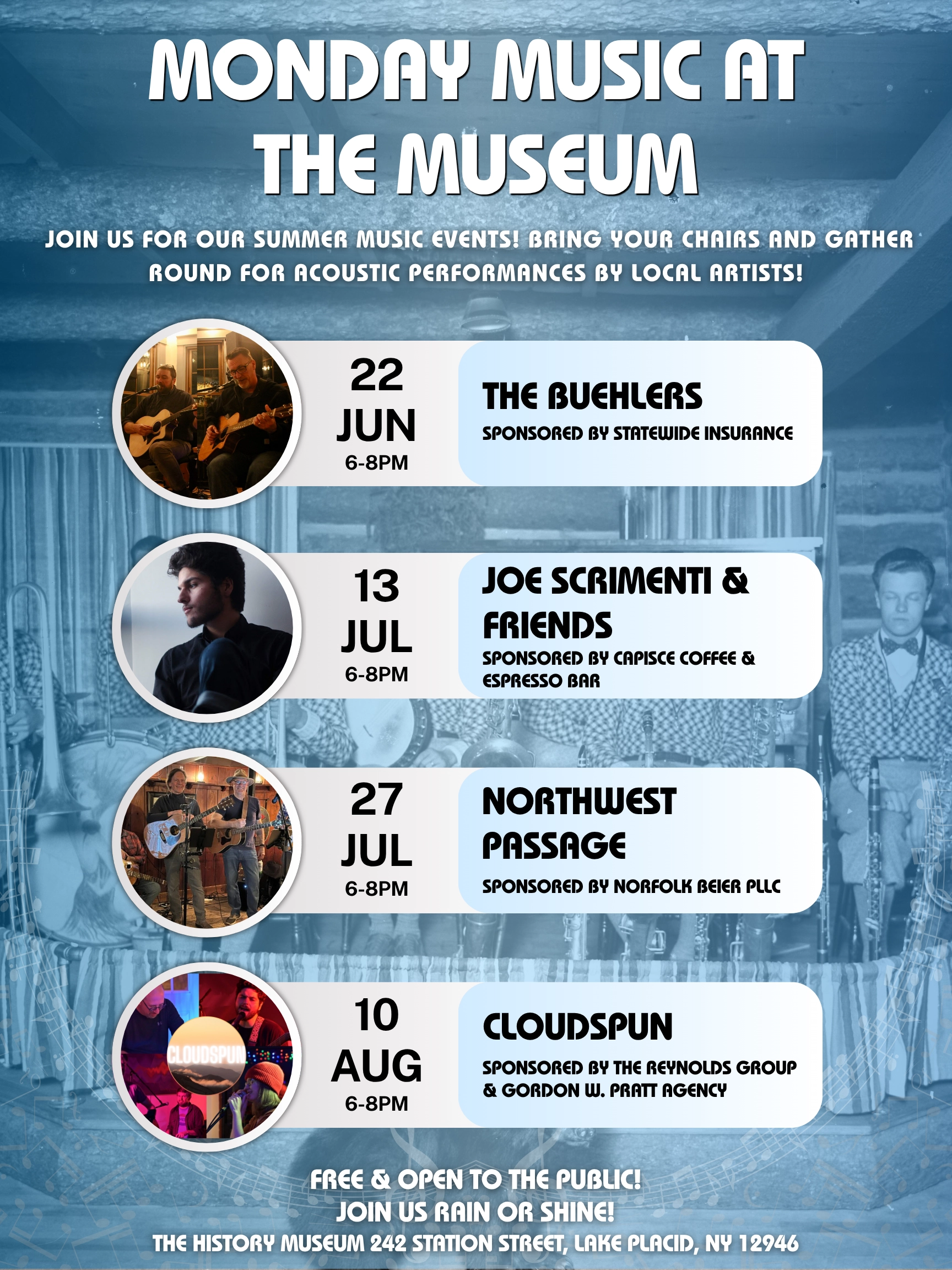 Monday Music at the Museum poster with band images, names, and dates of performances