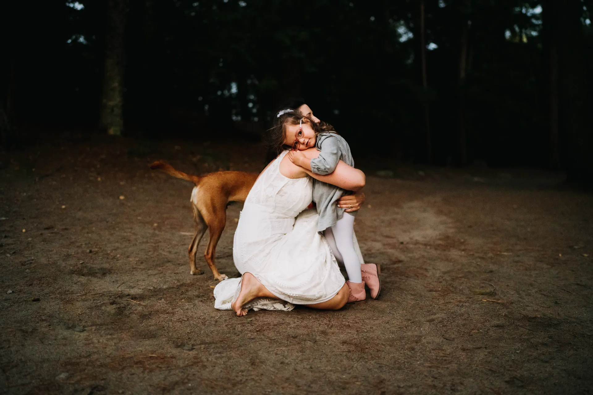 just married mother with her kid and dog