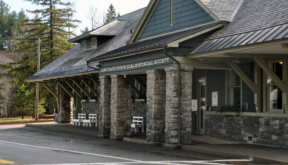 The stacked stone exterior of the Lake Placid North Elba Historical Society