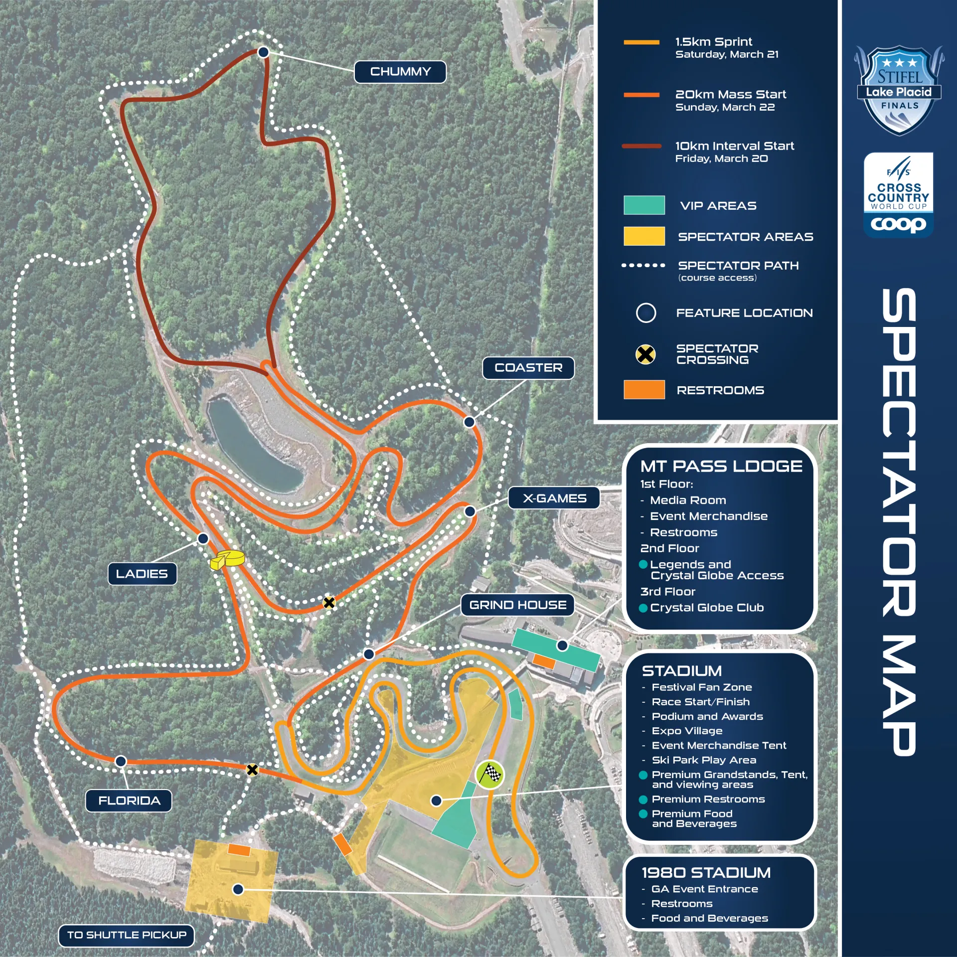 Spectator map of Mt Van Hoevenberg during the Stifel Lake Placid Finals