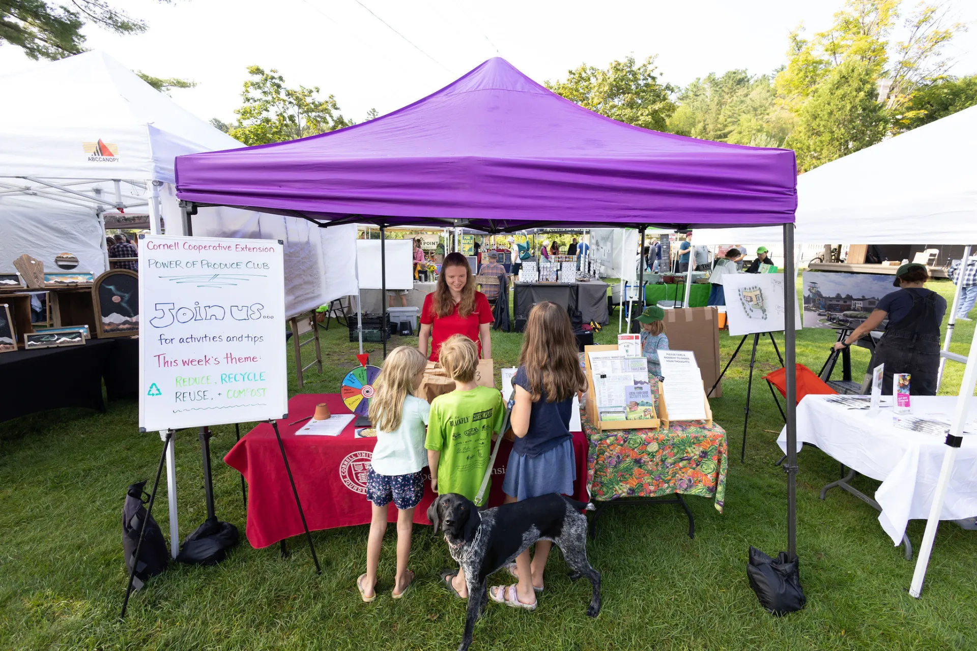 A purple tent at an outdoor event with a table displaying information about the Cornell Cooperative Extension's Power of Produce Club.