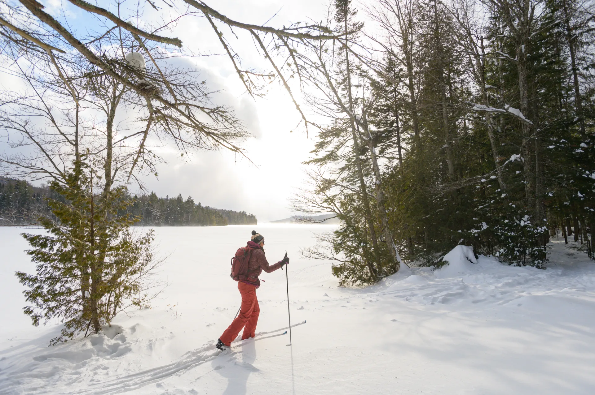 A cross-country skier by a frozen lake.