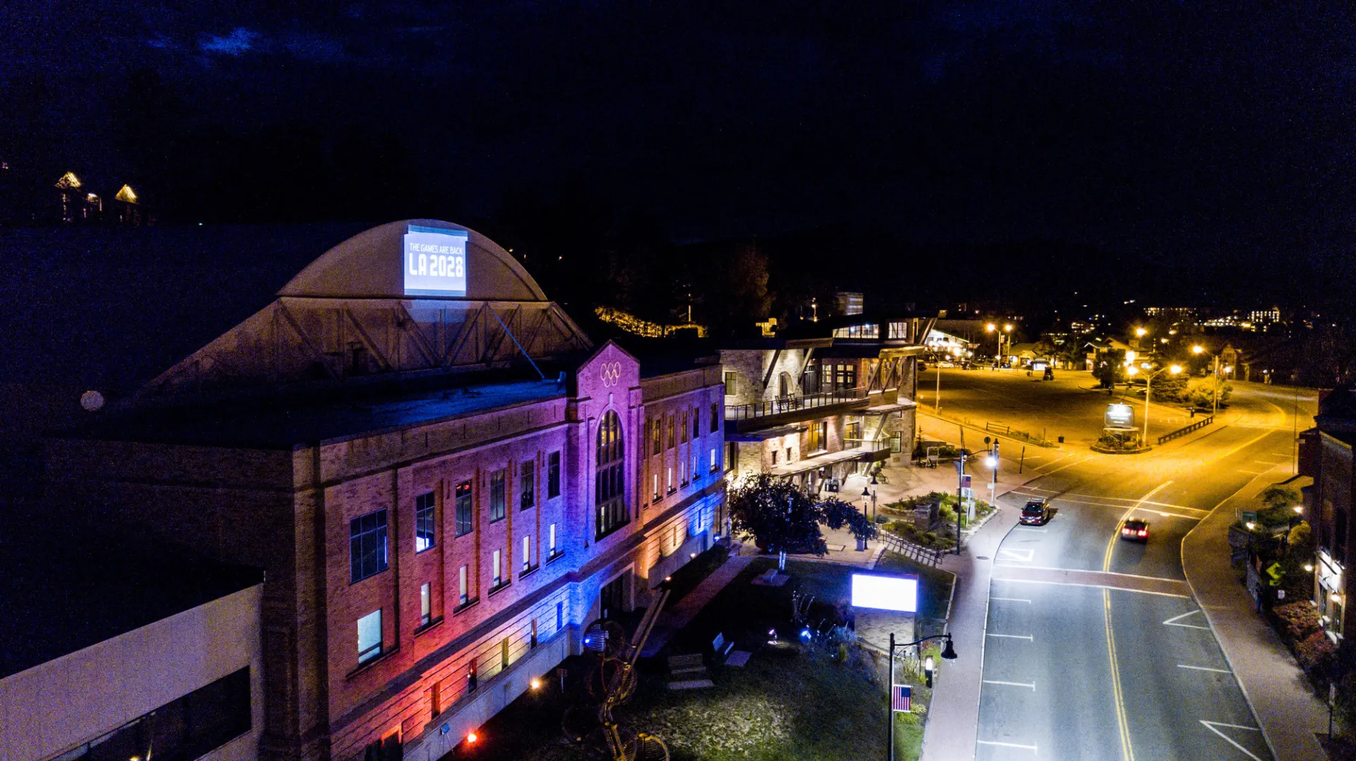 The Olympic Center on Main Street, Lake Placid at night.