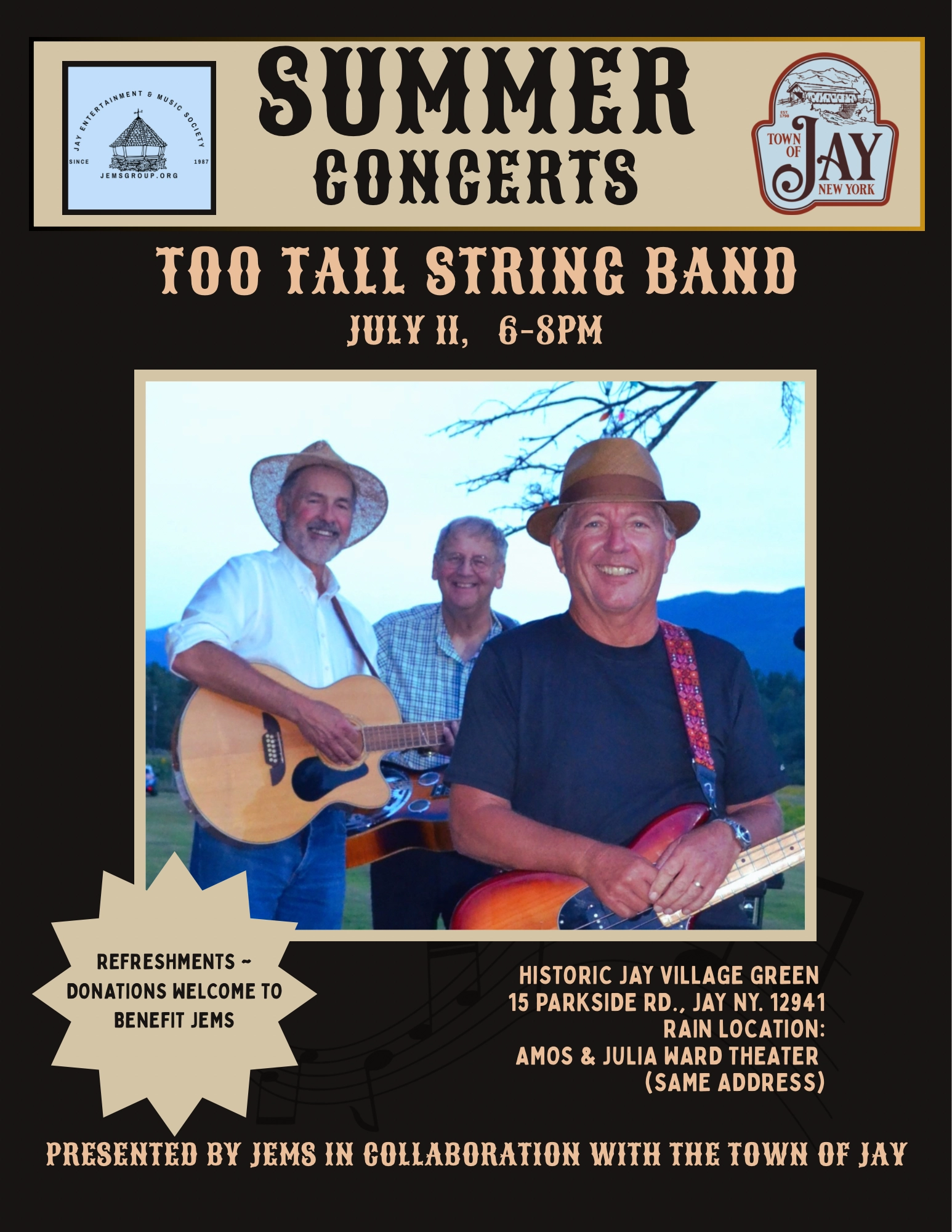 Concert poster for Too Tall String Band on July 11 at Jay Village Green