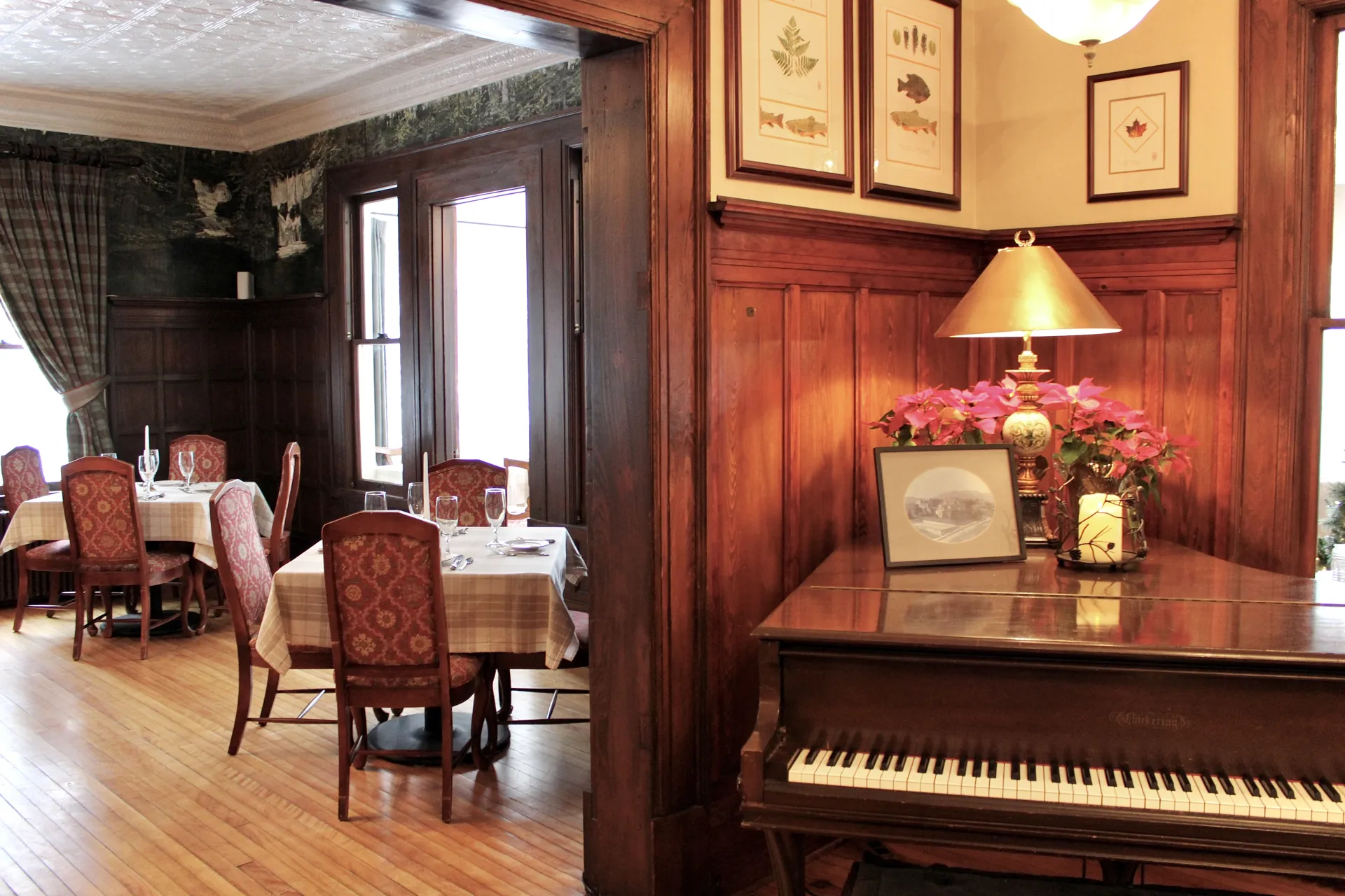 Dark wood paneling with a piano by the dining room.