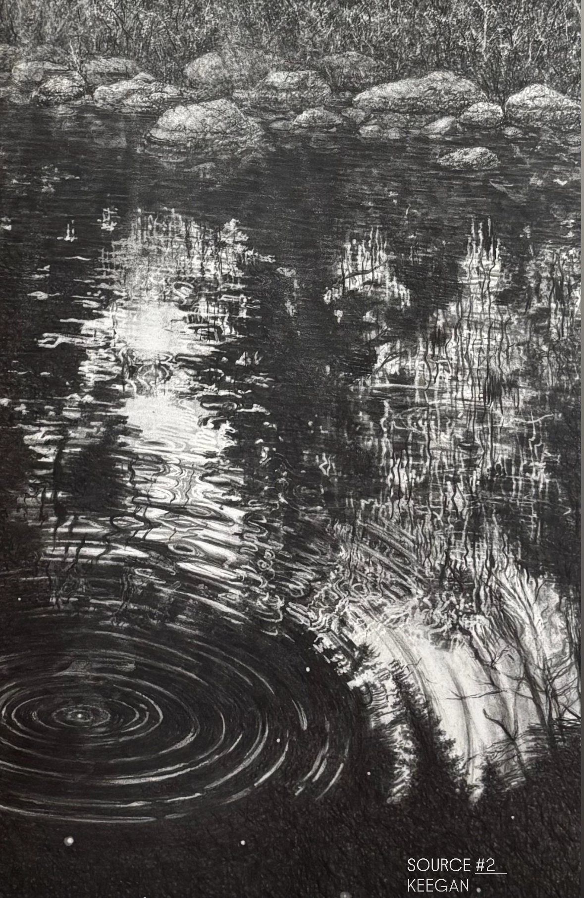 Black and white drawing of a pond reflecting trees and rocks.