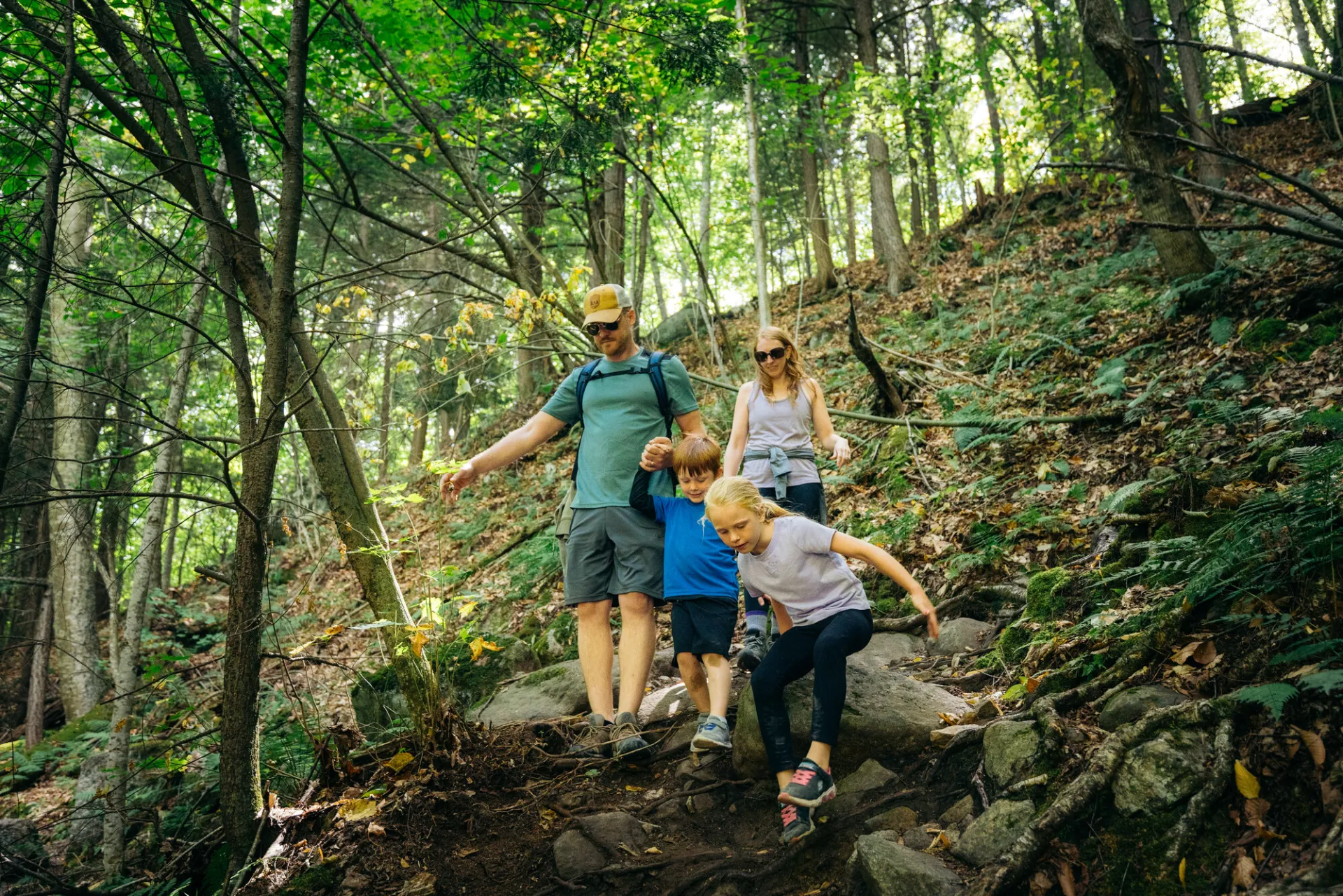 Family hiking to Stag Brook Falls