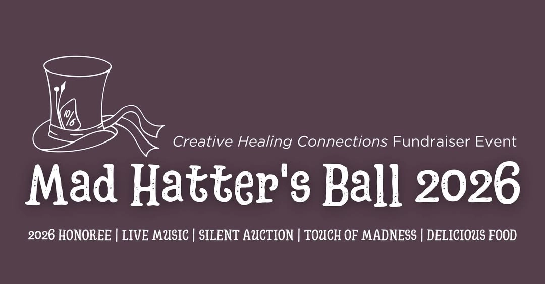 Purple background with white lettering and hat graphic