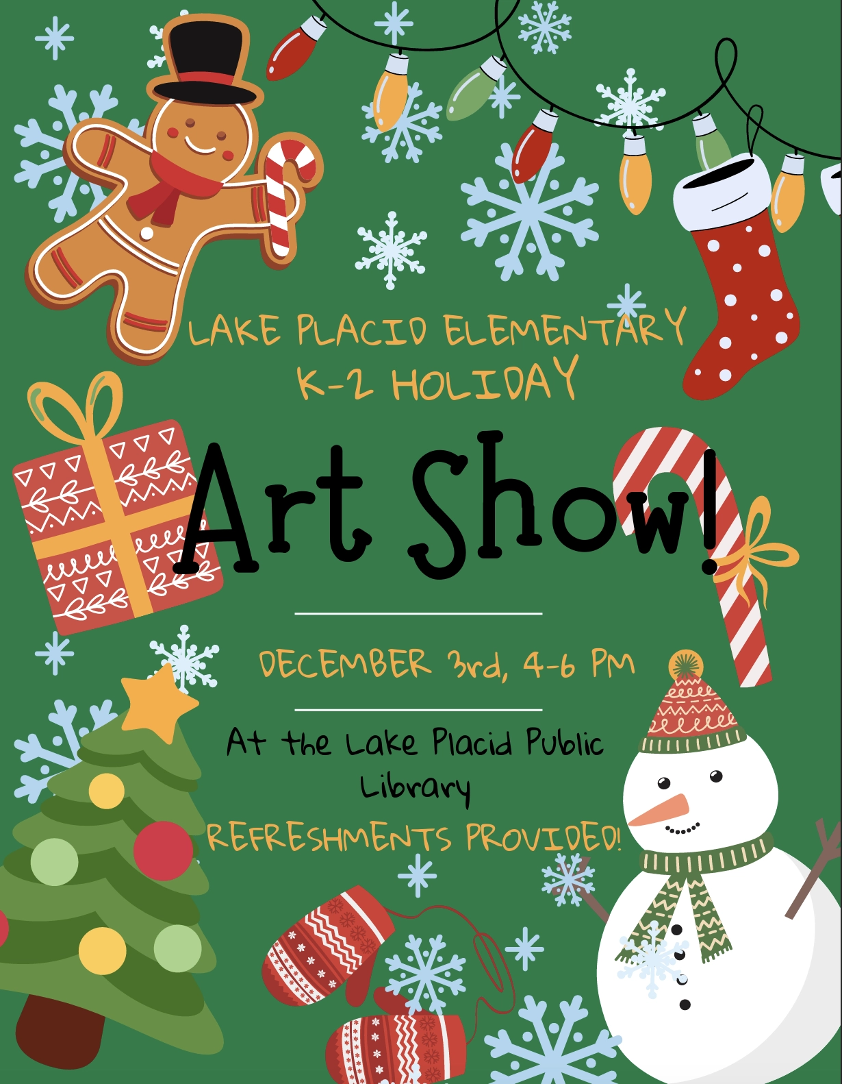 Holiday Art Show poster with green background and holiday cartoons