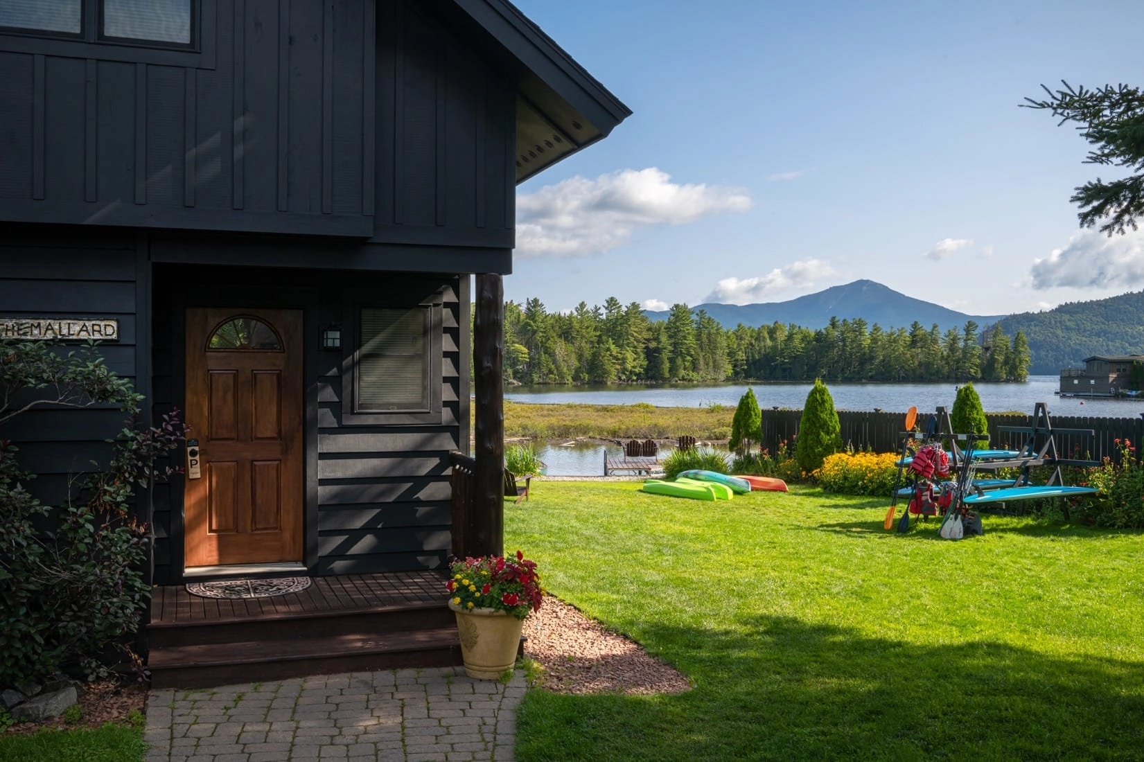 Lush grass by the lake outside the cabin.