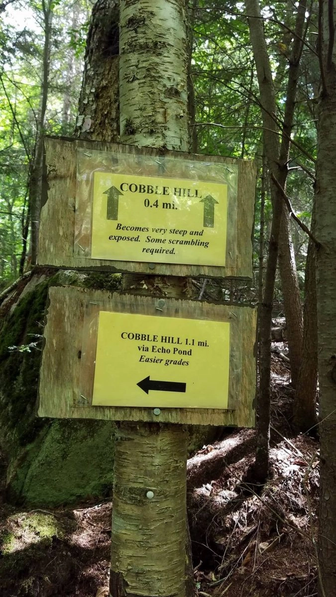 Signs directing you to two different approaches to the summit of Cobble Hill