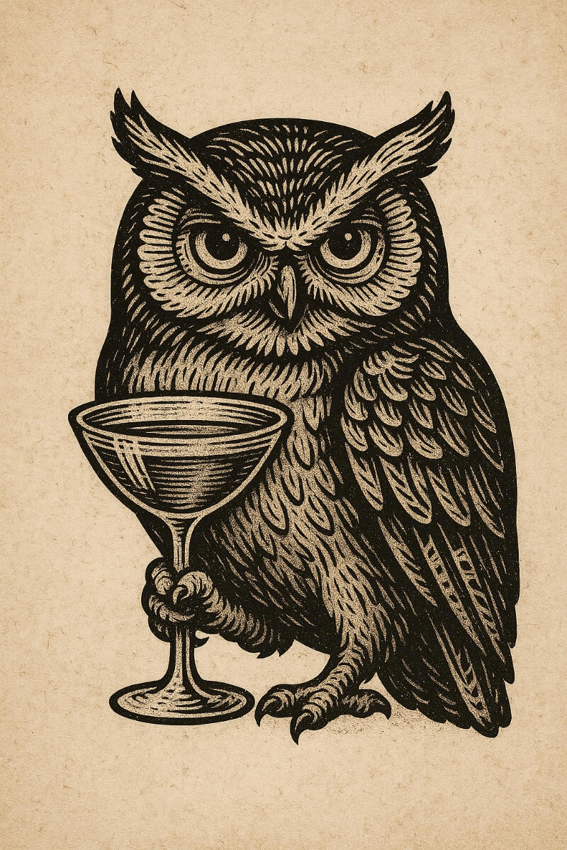 An illustration of an owl holding a martini glass over a sepia tone background