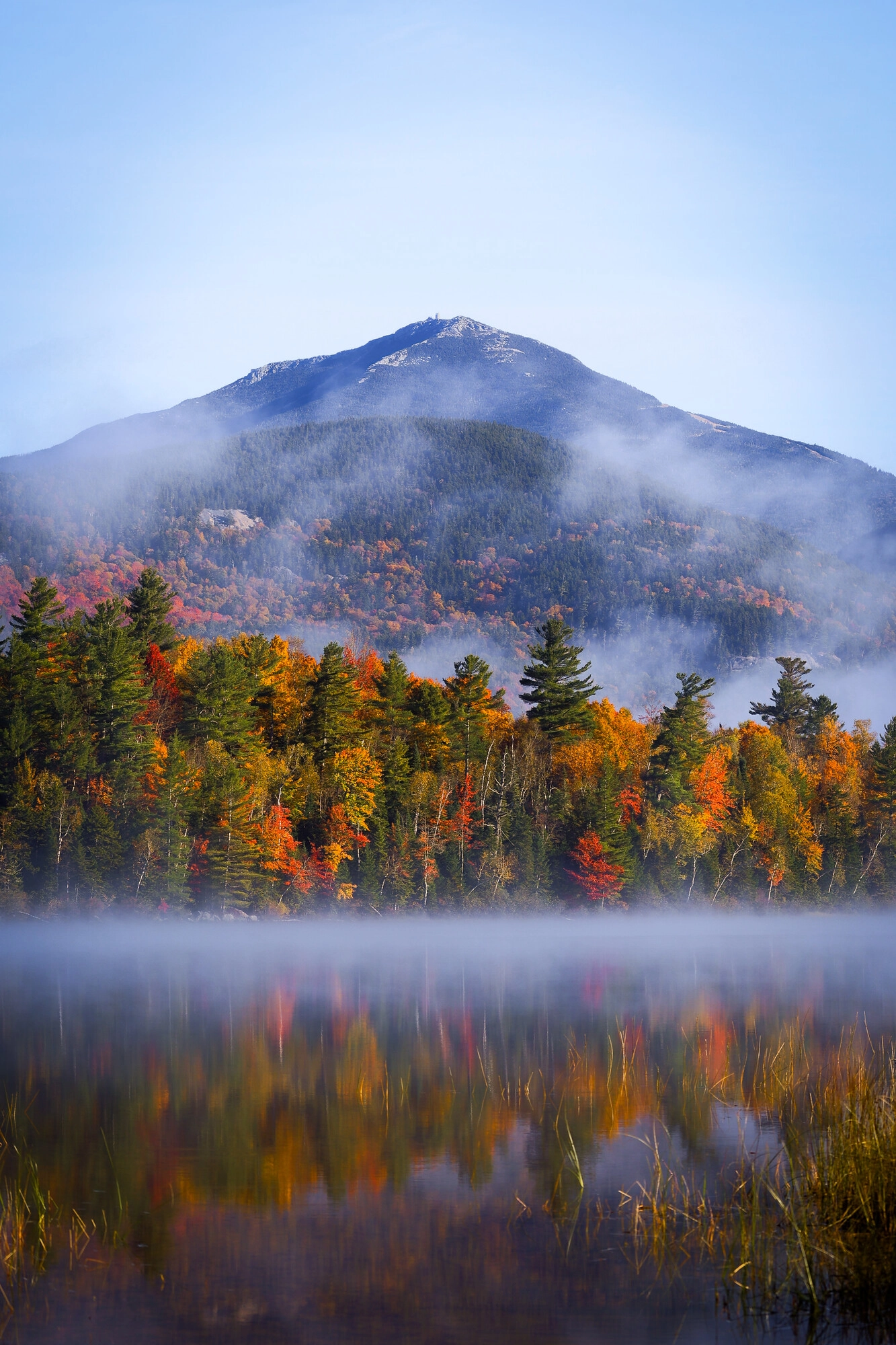 A view of Whiteface Mountain with fall scenery. 