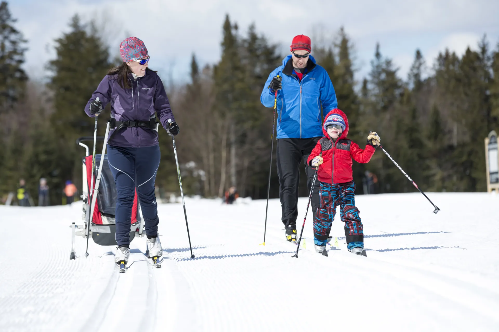 A family of three cross country skiing through the snow.