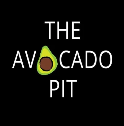 Black background with white lettering reading The Avocado Pit, but the first o is an illustration of a green & brown avocado.