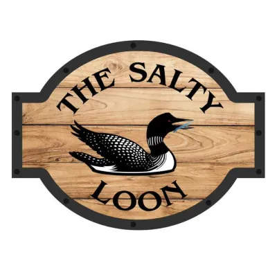 A faux wooden placard with a loon image in the center with the black letters 'The Salty Loon'
