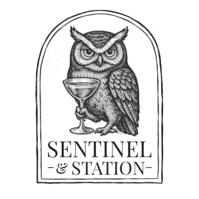 An illustration of an owl holding a martini glass surrounded by an arch