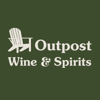 A green background with white lettering with an adirondack style chair and the words "Outpost wine & spirits"