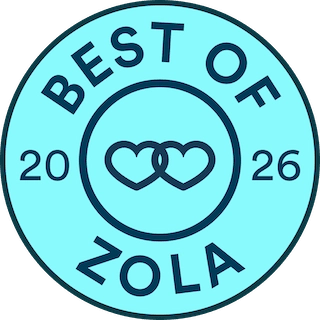 Zola Best Of 2026 blue badge with interlocking hearts in the center.