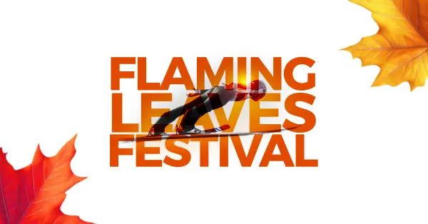 Flaming Leaves Festival header with ski jumper flying through text