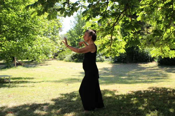 Woman in black jumpsuit doing Tai Chi outdoors on grass under green tree
